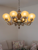 Antique Brass 8-Light Chandelier with Beaded Globe Glass Shades