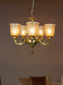 Antique Brass 5-Light Chandelier with Textured Luster Glass Shades