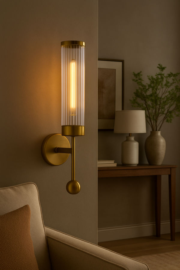 ALD-AMIRA Vertical Cylinder Ribbed Glass Shade with Warm LED Glow