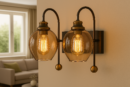 ALD-AMIRA Gold Twin Globe Vintage Style Glass Shade Sconce Light